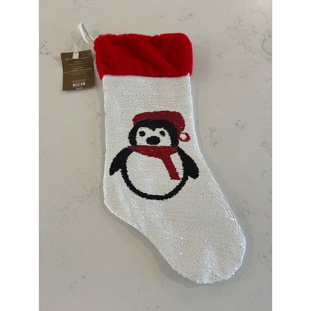 Pier 1 Christmas Stocking Reversible Sequin Penguin Faux Fur Trim whimsical